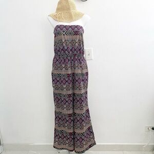 DIZZIER Aztec Print Jumpsuit LARGE Multicolor Pockets Elastic Waist Womens